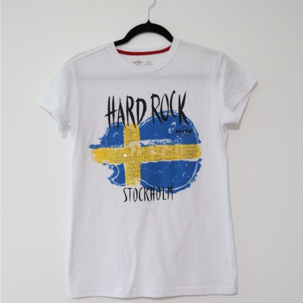 HARD ROCK CAFE Womens Stockholm Graphic T-Shirt Top Medium White Cotton